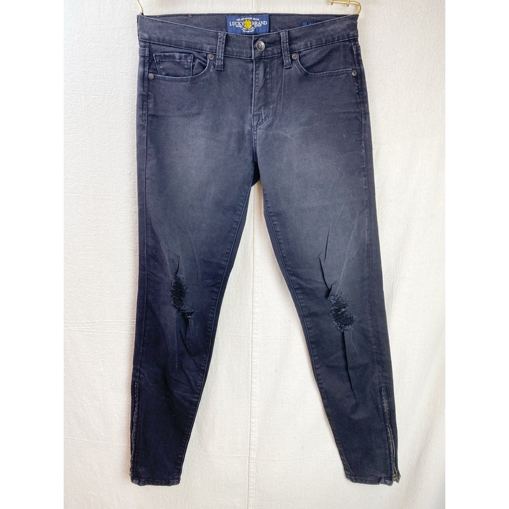 Lucky Brand Sofia Skinny Black Ankle Zip Distressed Jeans 4/27 29” inseam